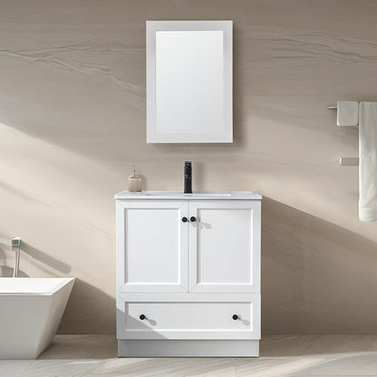 LUCKWIND 30" Farmhouse Bathroom Vanity with Sink Combo, Rustic Modern Bathroom Cabinet with Undermount Solid Surface Single Sink, Soft-Close Hinges & Water-Saving Faucet, White