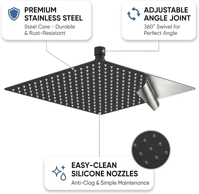 12 Inch Rain Shower Head, 12" Square Rainfall & High Pressure Stainless Steel Bath Showerhead, 1/16" Ultra Thin, Waterfall Full Body Coverage with Silicone Nozzle, Matte Black Finish | Square Rain Bathroom Showerhead, High Flow, Large Stainless Steel, ...
