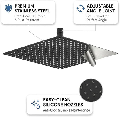 12 Inch Rain Shower Head, 12" Square Rainfall & High Pressure Stainless Steel Bath Showerhead, 1/16" Ultra Thin, Waterfall Full Body Coverage with Silicone Nozzle, Matte Black Finish | Square Rain Bathroom Showerhead, High Flow, Large Stainless Steel, ...