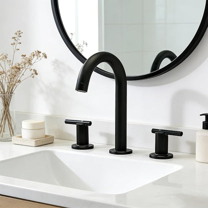 Matte Black Bathroom Faucet 3 Hole, VAPSINT 8 Inch Widespread Black Bathroom Sink Faucet, 2 Handle Modern Bathroom Faucets for Vanity Lavatory RV Restroom with Pop Up Drain & Supply Hoses