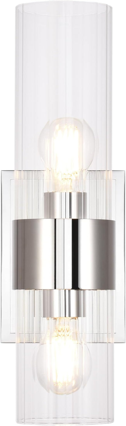 Modern Bathroom Sconces Wall Lighting with Clear Ribbed Glass, Polished Nickel 2-Light Bathroom Vanity Light Fixtures for Mirror Living Room Hallway Bedroom
