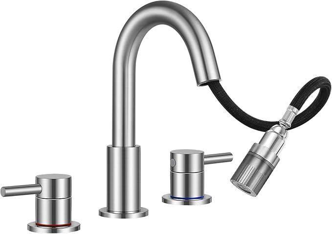 Pull Down Bathroom Faucet for Sink 3 Hole,8 inch Widespread Brushed Nickel Bathroom Sink Faucet with Pop Up Drain, Water Supply Hoses