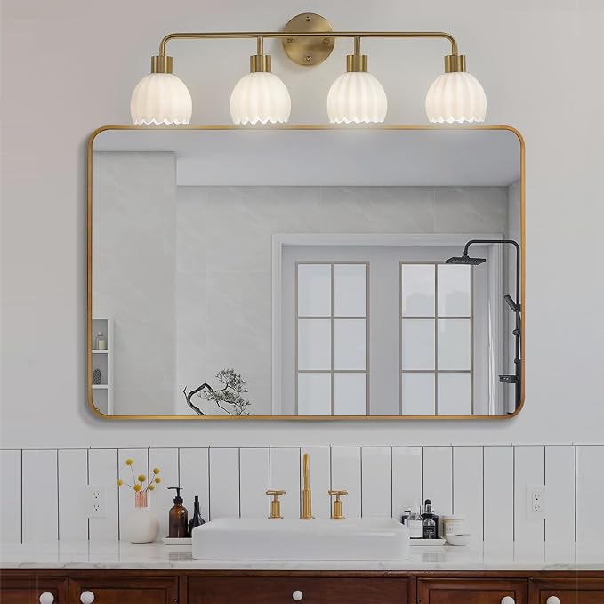 Brushed Gold 4-Light Vanlity Light Over Mirror,Wall Sconces,Gold Brass Bathroom Light Fixture with White Glass Flower Shade,E26(Bulbs Not Included)