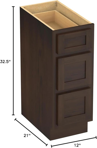 HomeBeyond 12 Inch Bathroom Vanity Base Only, Single Vanity Cabinet with 3 Dove-Tailed Drawers, Composable Floor Mount Cabinets Without Top, Brown