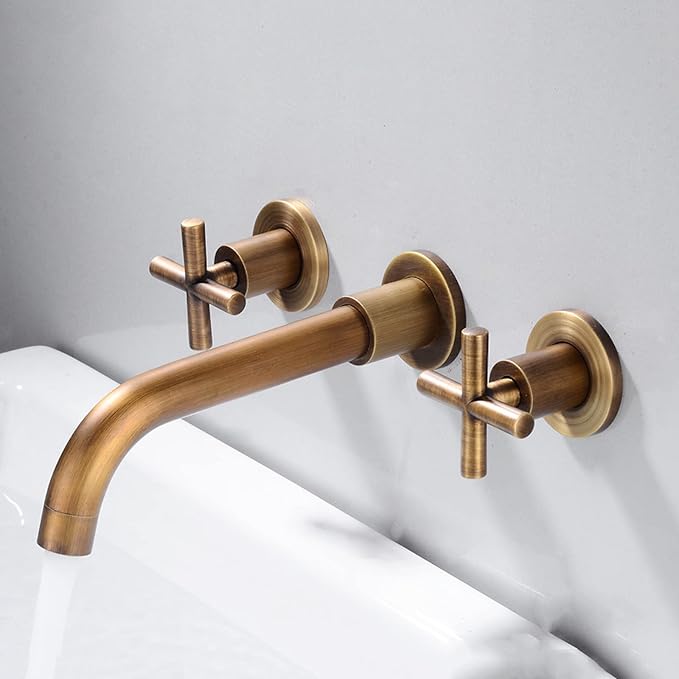 Wall Mounted Bathroom Faucet,Double Cross Handles Lavatory Basin Sink Mixing, Mount Brass,Hot and Cold Water Mixer Tap,Gold(Antique)