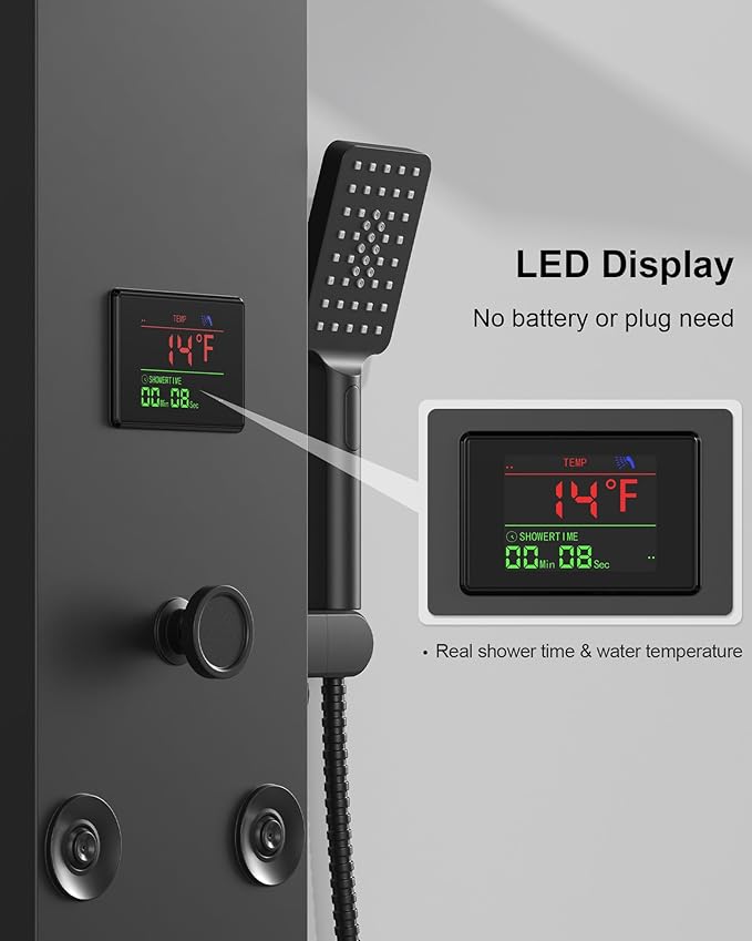 Homevacious 5 In 1 Shower Panel Tower System LED Rain Waterfall Shower Head and Adjustable Massage Body Jets 3 Settings Handheld Head and Tub Spout Stainless Steel Bathroom Panel Matte Black