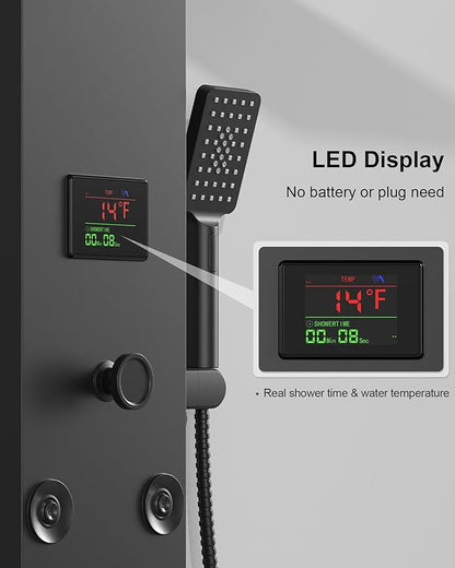 Homevacious 5 In 1 Shower Panel Tower System LED Rain Waterfall Shower Head and Adjustable Massage Body Jets 3 Settings Handheld Head and Tub Spout Stainless Steel Bathroom Panel Matte Black