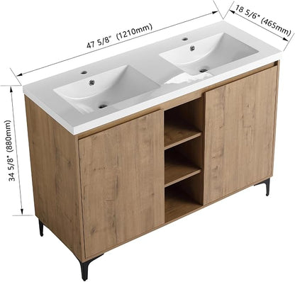 Freestanding Bathroom Vanity, 48" Bathroom Storage Cabinet with Double Resin Sinks, 2 Soft-Close Doors & 3 Open Storage Shelves, Floor Vanity with Adjustable Shelf & Black Tripod Base, Oak