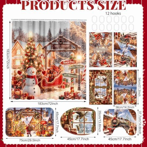 FuWeave 8 Pcs Christmas Shower Curtain Set for Bathroom Decor Include Vintage Steam Train Snowman Towels Christmas Non Slip Santa Cabin Rugs Toilet Lid Cover Xmas Bath Mat and 12 Hooks