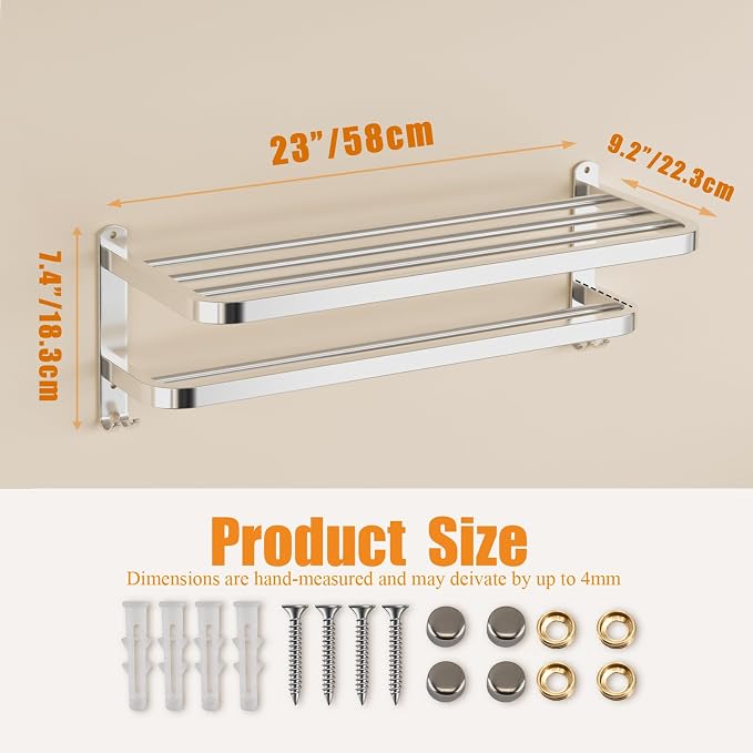 23 Inch Bathroom Towel Rack Towel Shelf with Double Towel Bars Lavatory Wall Mount Holder with Hooks Stainless Steel Hotel Bath Rack