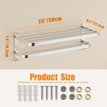 23 Inch Bathroom Towel Rack Towel Shelf with Double Towel Bars Lavatory Wall Mount Holder with Hooks Stainless Steel Hotel Bath Rack
