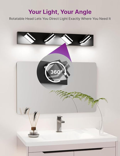 Modern Bathroom Vanity Light, 29" 4-Light Bathroom Light Fixtures Over Mirror, LED Vanity Light 3000K 4000K 5000K CCT Adjustable, Matte Black