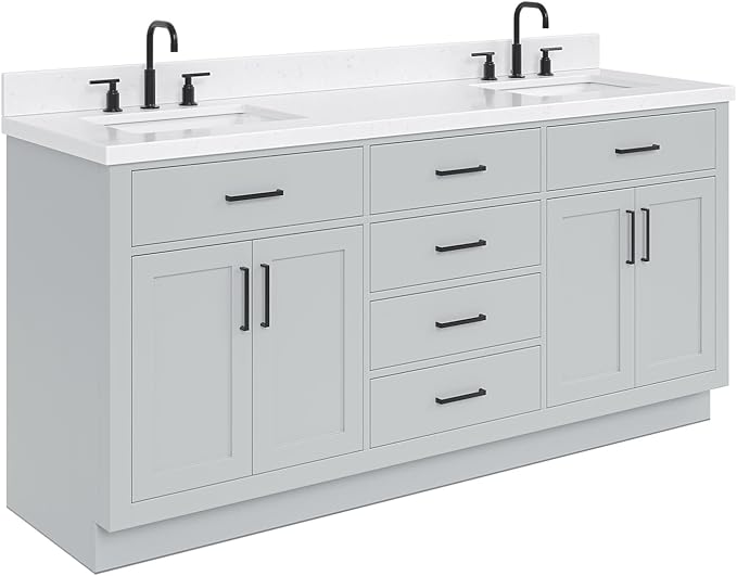 ARIEL Hepburn 72-inch Bathroom Vanity with Sink,Solid Wood, 1.5-inch Carrara White Quartz Countertop & Backsplash, Double Rectangular Porcelain Sink, 4 Soft Closing Doors, 6 Dovetail Drawers, Grey
