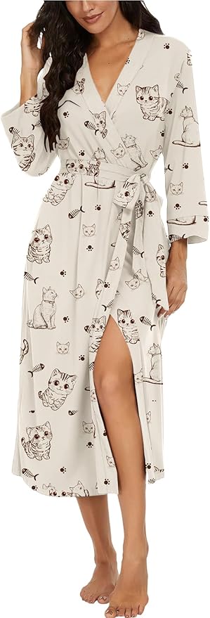 VINTATRE Women Kimono Robes Long Knit Bathrobe Lightweight Soft Knit Sleepwear V-neck Casual Ladies Loungewear