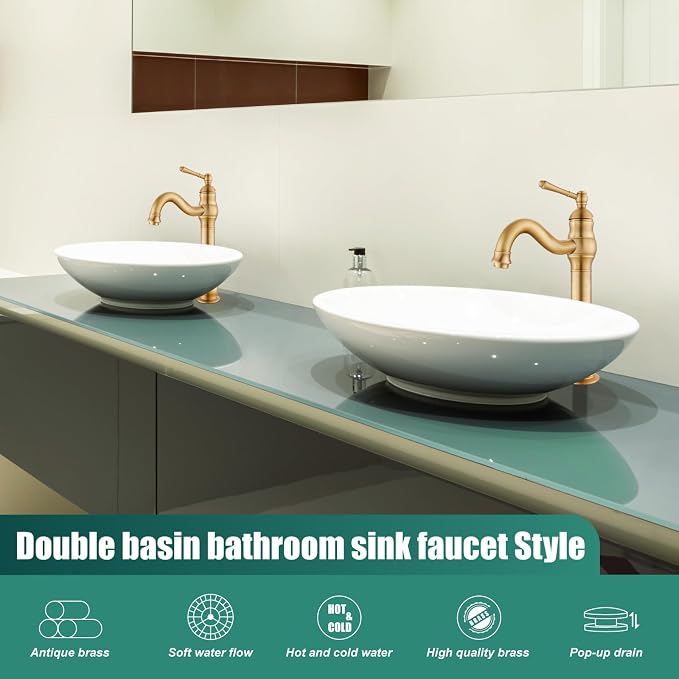 Heyalan Tall Vessel Sink Faucet, Single Handle 1-Hole,Antique Brass | SUS304 stainless steel, 360° swivel spout, includes pop-up drain & hoses, deck mount 1-hole, tall design for vessel sink
