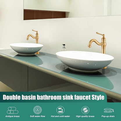 Heyalan Tall Vessel Sink Faucet, Single Handle 1-Hole,Antique Brass | SUS304 stainless steel, 360° swivel spout, includes pop-up drain & hoses, deck mount 1-hole, tall design for vessel sink