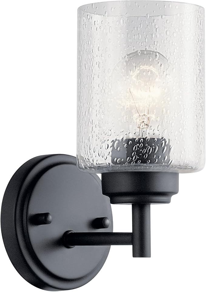 Kichler Winslow 9.25" 1-Light Wall Sconce with Clear Seeded Glass in Black for Bathroom Vanity, Kitchen, Living Room, Dining Room, Bedroom, Mudroom, Hallway, Stairwell, 45910BK