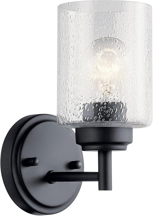 Kichler Winslow 9.25" 1-Light Wall Sconce with Clear Seeded Glass in Black for Bathroom Vanity, Kitchen, Living Room, Dining Room, Bedroom, Mudroom, Hallway, Stairwell, 45910BK