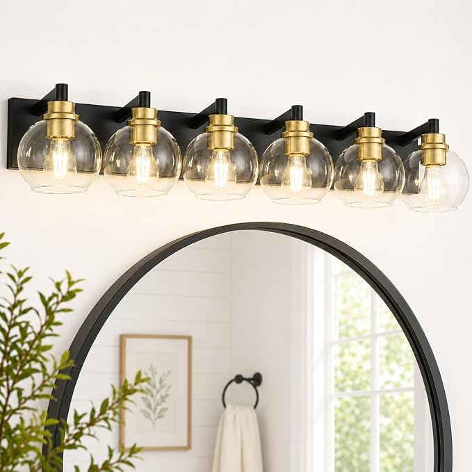 6-Light Black and Gold Bathroom Vanity Light, Clear Glass Globes | Ideal for 44-58" mirrors, 38" modern bathroom light fixtures over mirror, E26 base, bulbs not included, VL195-KG-6