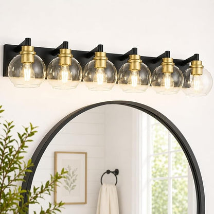 6-Light Black and Gold Bathroom Vanity Light, Clear Glass Globes | Ideal for 44-58" mirrors, 38" modern bathroom light fixtures over mirror, E26 base, bulbs not included, VL195-KG-6