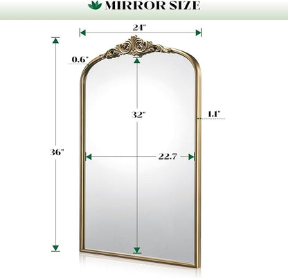 Vintage Arched Gold Wall Mirror, 24"x36" Antique Baroque Wall Mirrors, Ornate Arch Brass Mirror for Bathroom Over Sink, Bedroom, Fireplace, Entryway, Living Room, Hanging or Leaning