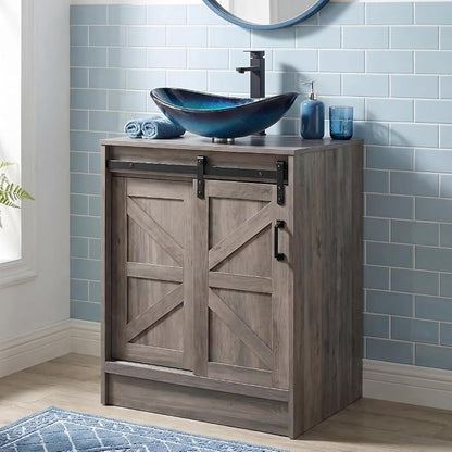 24" Farmhouse Bathroom Vanity with Sink, Bathroom Storage Cabinet with Sliding Barn Doors & Metal Handle, Freestanding Vanity with Tempered Blue Boat Glass Vessel Sink Combo Set