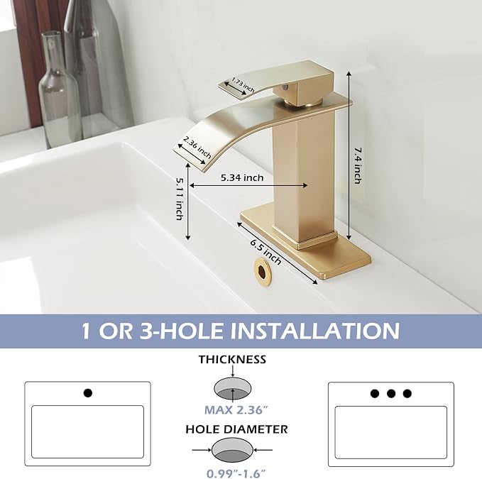 BWE Bathroom Vessel Faucet, Brushed Gold Waterfall Faucet with Pop-up Drain and Water Lines for Vanity Sink, Stainless Steel Construction