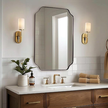 Brushed Bronze Scalloped Mirror, 24"x32" Bathroom Vanity Mirror, Unique Rectangular Bathroom Mirror with Stainless Steel Metal Framed, Wall Mounted Decorative Mirror (Horizontal/Vertical)