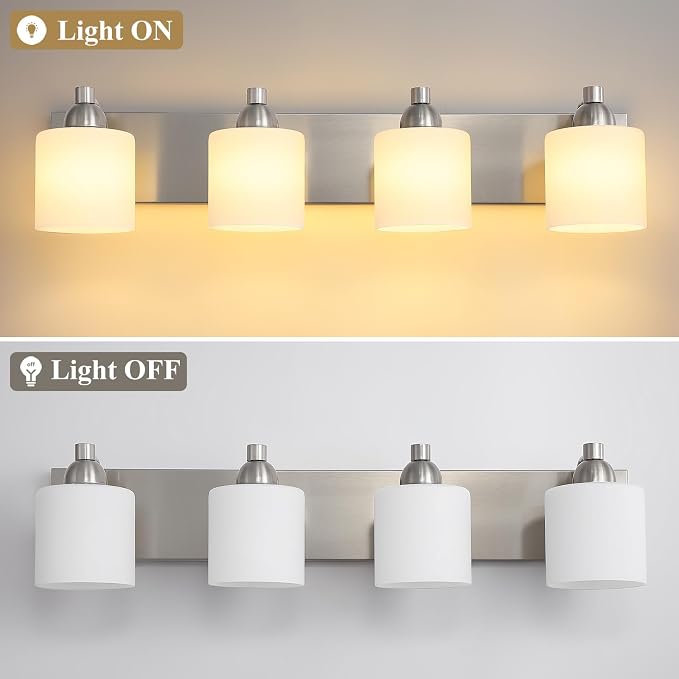 Mecgirn Stainless Steel Milk Glass Bathroom Vanity Light Over Mirror, 4 Light Brushed Nickel Bathroom Light Fixtures with Frosted Glass, Modern Vanity Lighting Wall Mount