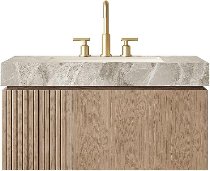 KEIKI 36 Inch Floating Bathroom Vanity with Sink, Light Brown & Grey | Modern Wall Mounted Storage Cabinet w/ Drawer & Door, Pre-assembled Wood Panels, Sintered Stone Top & Ceramic Basin Combo Set