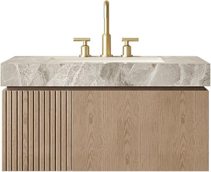 KEIKI 36 Inch Floating Bathroom Vanity with Sink, Light Brown & Grey | Modern Wall Mounted Storage Cabinet w/ Drawer & Door, Pre-assembled Wood Panels, Sintered Stone Top & Ceramic Basin Combo Set