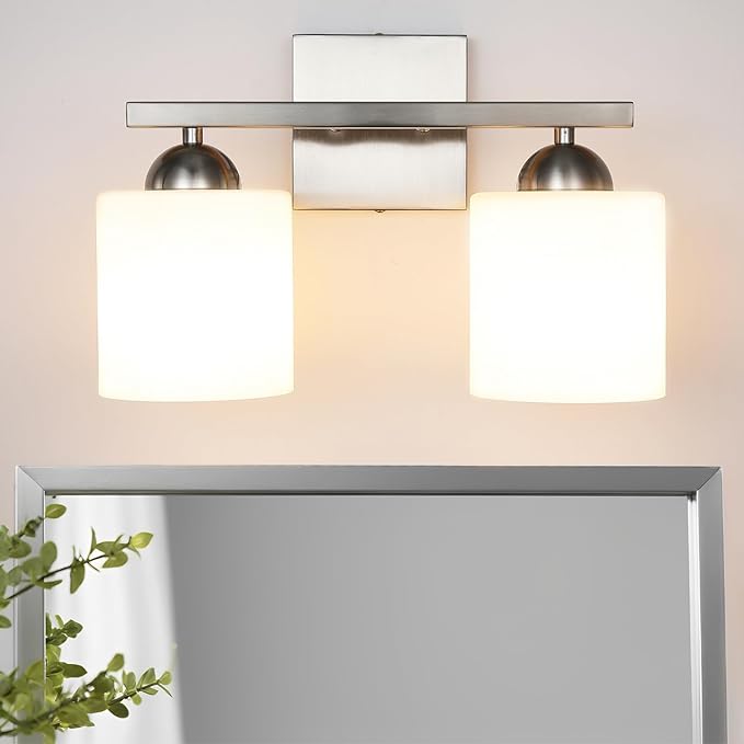 2 Light Brushed Nickel Vanity Lights for Bathroom, Modern Bathroom Light Fixtures Over Mirror, Vanity Light with Milky White Glass Shades, Farmhouse Wall Lights, E26 Socket