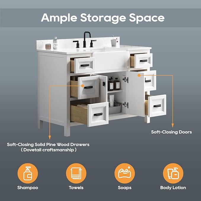 48 Inch Bathroom Vanity with Sink, Solid Wooden Frame Bathroom Storage Cabinet, Modern Bathroom Vanities Set Bathroom Cabinet with Soft Closing Doors & Drawers-White