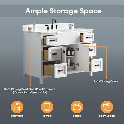 48 Inch Bathroom Vanity with Sink, Solid Wooden Frame Bathroom Storage Cabinet, Modern Bathroom Vanities Set Bathroom Cabinet with Soft Closing Doors & Drawers-White