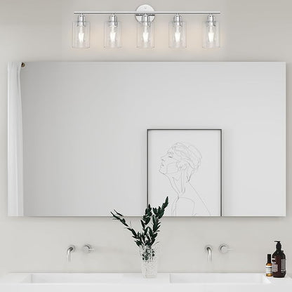 Espird Bathroom Vanity Light Fixtures Polished Chrome Bathroom Lighting Fixture, 5 Lights Bathroom Light Fixture Over Mirror, Modern Black Vanity Light, Wall Sconces with Glass Shades