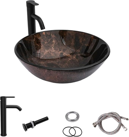 Sarlai Round Vessel Sink Tempered Glass Bathroom Vessel Sink with Faucet and Pop-up Drain Combo 16-1/2 x 16-1/2 Inch Brown Countertop Bathroom Sink Basin