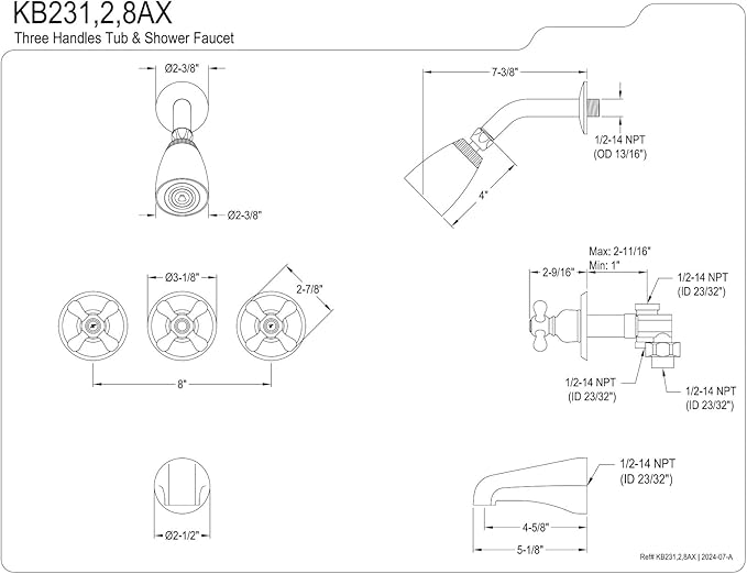 Kingston Brass KB238AX Tub and Shower Faucet with 3-Cross Handle, Brushed Nickel,5-Inch Spout Reach
