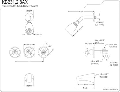 Kingston Brass KB238AX Tub and Shower Faucet with 3-Cross Handle, Brushed Nickel,5-Inch Spout Reach