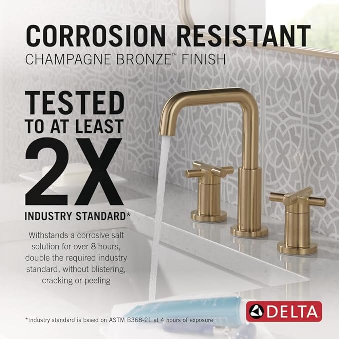 Delta Nicoli Brushed Gold Bathroom Faucet 3 Hole, 8 Inch Widespread Bathroom Sink Faucet for Vanity, Push-Pop Drain Assembly, Champagne Bronze 35894LF-CZ