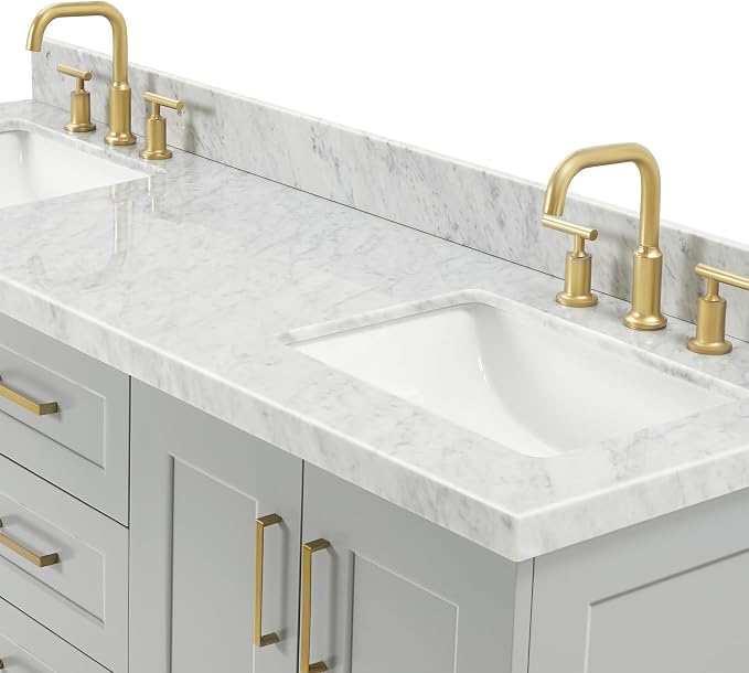 Emilia 66-Inch Grey Double Bathroom Vanity, 1.5-Inch Edge Italian Carrara Marble Countertop & Splash, Rectangular Sinks, 4 Soft-Closing Doors, 6 Dovetail Drawers, Toe Kick, Satin Brass