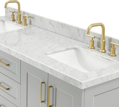 Emilia 66-Inch Grey Double Bathroom Vanity, 1.5-Inch Edge Italian Carrara Marble Countertop & Splash, Rectangular Sinks, 4 Soft-Closing Doors, 6 Dovetail Drawers, Toe Kick, Satin Brass