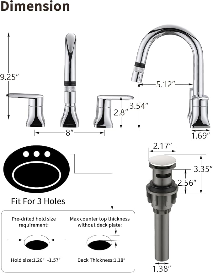 Bathroom Faucet 3 Hole with Pull Out Sprayer, 8 Inch Widespread Bathroom Faucet, Magnetic Pull Out Faucet for Easy to Use, Chrome (with Pop-up Drain)