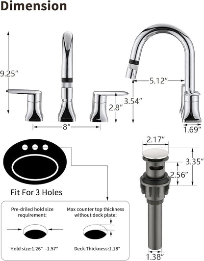 Bathroom Faucet 3 Hole with Pull Out Sprayer, 8 Inch Widespread Bathroom Faucet, Magnetic Pull Out Faucet for Easy to Use, Chrome (with Pop-up Drain)