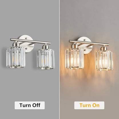 Modern 2 Light Crystal Vanity Light, Brushed Nickel Vertical Bathroom Light Fixture Over Mirror for Dressing Table Sink, Compatible with Dimmable Bulbs (Bulbs Not Included)