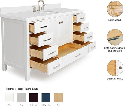 ARIEL Cambridge 60-inch Bathroom Vanity with Sink,Solid Wood, 1.5-inch Pure White Quartz Countertop & Backsplash, Single Oval Porcelain Sink, 2 Soft Closing Doors, 9 Dovetail Drawers, White