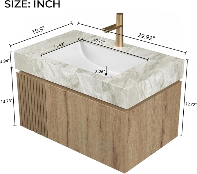 LKTART Floating 30 Inch Bathroom Vanity with Sink, Modern Plywood Wall Mounted Bathroom Storage Cabinet with 1 Door and 1 Drawer, Roma Travertine-Pattern Sintered Stone Countertop and Ceramic Basin