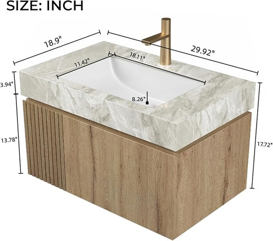 LKTART Floating 30 Inch Bathroom Vanity with Sink, Modern Plywood Wall Mounted Bathroom Storage Cabinet with 1 Door and 1 Drawer, Roma Travertine-Pattern Sintered Stone Countertop and Ceramic Basin