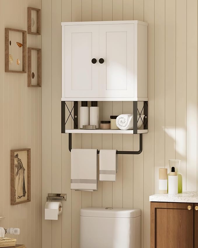 Bathroom Wall Cabinet, White Medicine Cabinet with Towel Rack | 2 Doors & Adjustable Shelves 2 Hooks, above toilet storage cabinet, for Bathroom Laundry Room, Living, Kitchen UXYYG024W