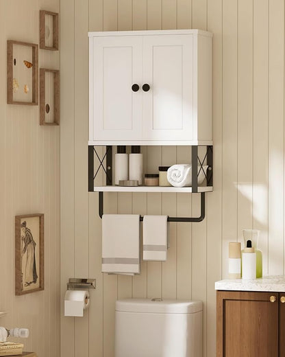 Bathroom Wall Cabinet, White Medicine Cabinet with Towel Rack | 2 Doors & Adjustable Shelves 2 Hooks, above toilet storage cabinet, for Bathroom Laundry Room, Living, Kitchen UXYYG024W