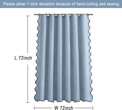 Scalloped Shower Curtain Linen Boho Flax Blue Grey 72" W x 72" L | Linen Fabric, Black Border, Washable, Heavy Duty Cloth, Shower Curtain for Boho Farmhouse Bathroom Bathtub
